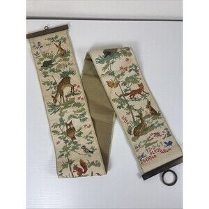 VTG Bell Pull Cross-Stitch Needlepoint Fabric Wildlife Fairy Forest Animals Deer